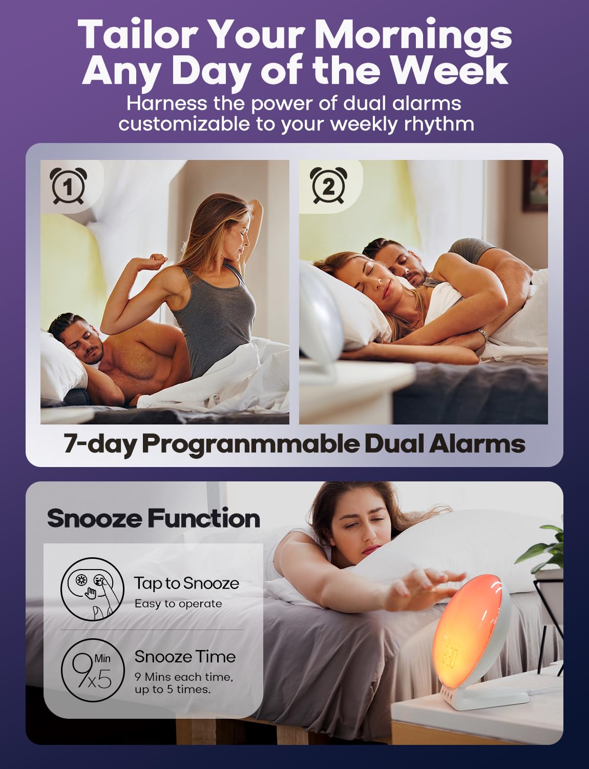 Dekala Sunrise Alarm Clock Wireless Charging for iPhone 14 13 12 Apple Watch AirPods Samsung, White Noise Sleep Sounds Machine Nursery Night Light for Heavy Sleeper Kid, Touch & Button Control