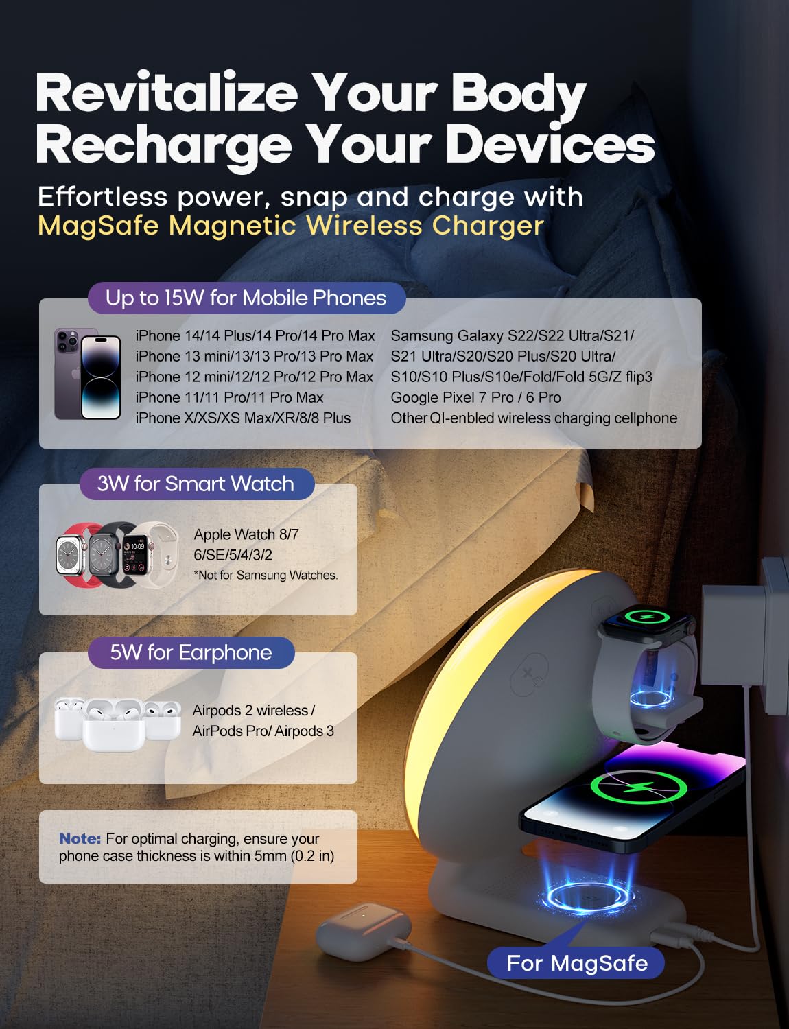 Dekala Sunrise Alarm Clock Wireless Charging for iPhone 14 13 12 Apple Watch AirPods Samsung, White Noise Sleep Sounds Machine Nursery Night Light for Heavy Sleeper Kid, Touch & Button Control