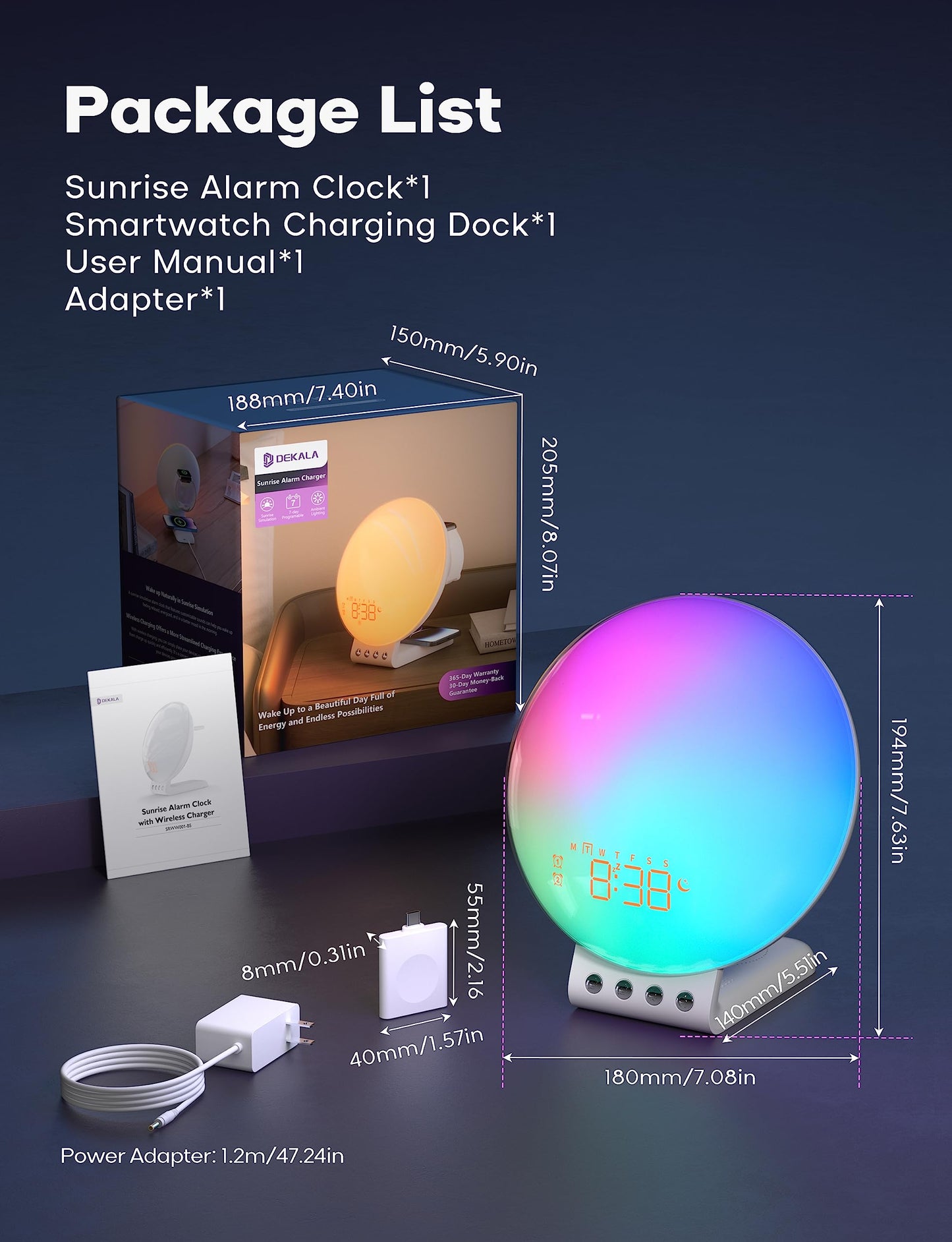 Dekala Sunrise Alarm Clock Wireless Charging for iPhone 14 13 12 Apple Watch AirPods Samsung, White Noise Sleep Sounds Machine Nursery Night Light for Heavy Sleeper Kid, Touch & Button Control