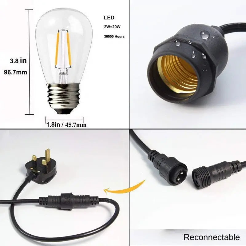 Waterproof LED Party Lights - S14 Warm White String - 50 feet