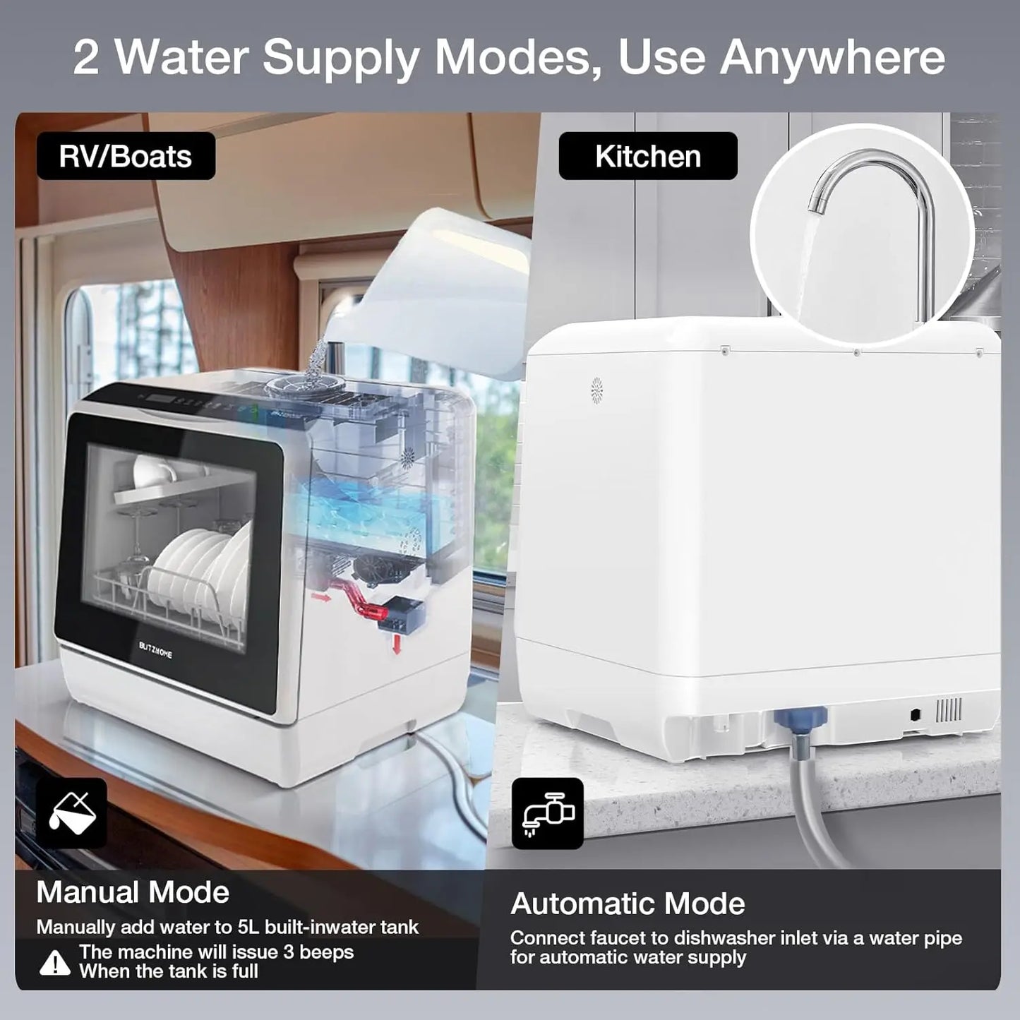 Portable Countertop Dishwasher, Smart WIFI, 5L Tank, 6 Programs