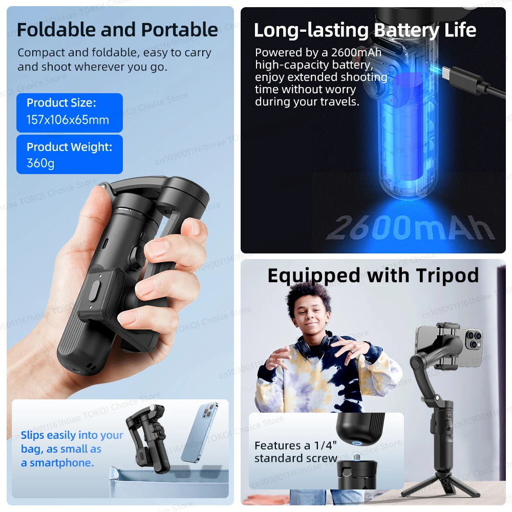 Selfie Tripod & 3-Axis Gimbal for Smooth Video Recording