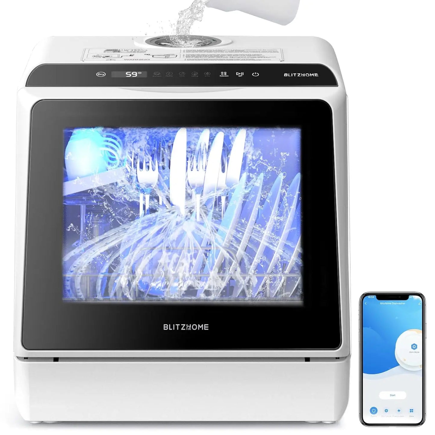 Portable Countertop Dishwasher, Smart WIFI, 5L Tank, 6 Programs