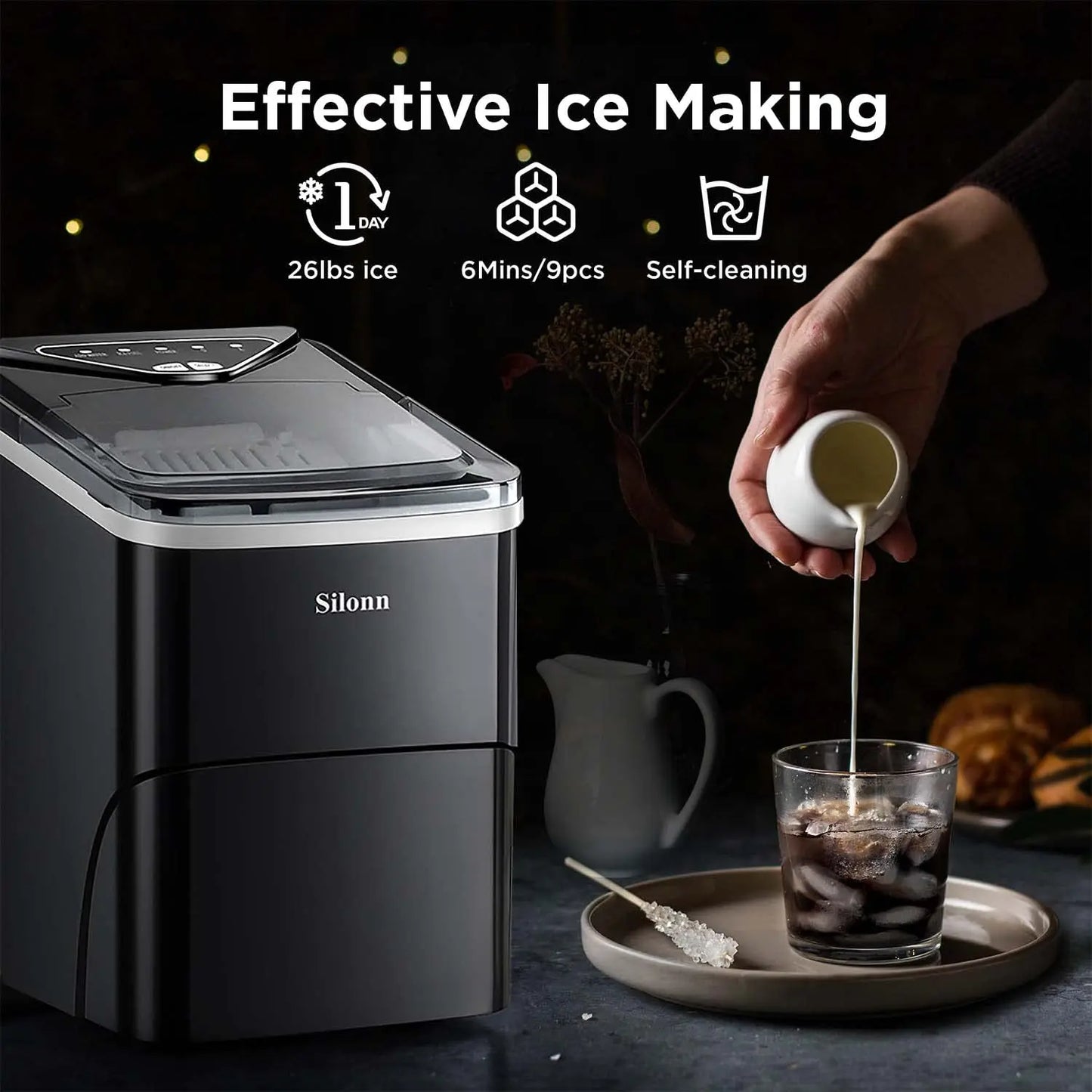 Ice Maker Countertop, 9 Cubes in 6 Mins, 26lbs/Day, Self-Cleaning
